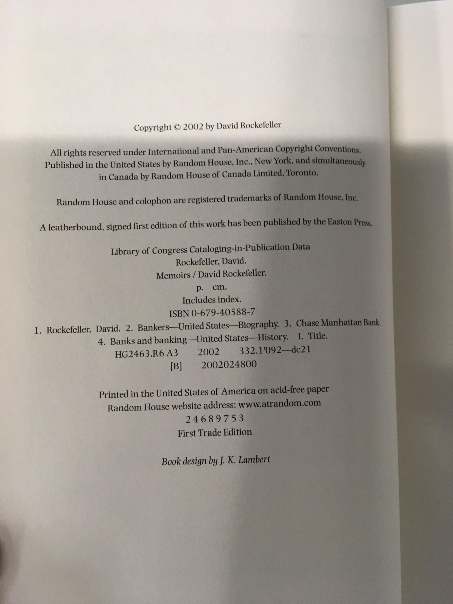 David Rockefeller: Memoirs | David Rockefeller | Signed