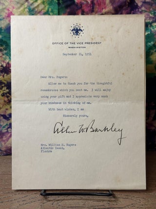 Office of the Vice President Alben W. Barkley Letter to Mrs. William H. Rogers (Sept. 1951)