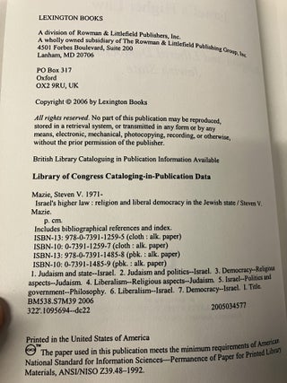 Israel's Higher Law: Religion and Liberal Democracy in the Jewish State