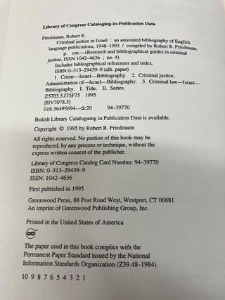 Criminal Justice In Israel: An Annotated Bibliography of English Language Publications, 1948-1993